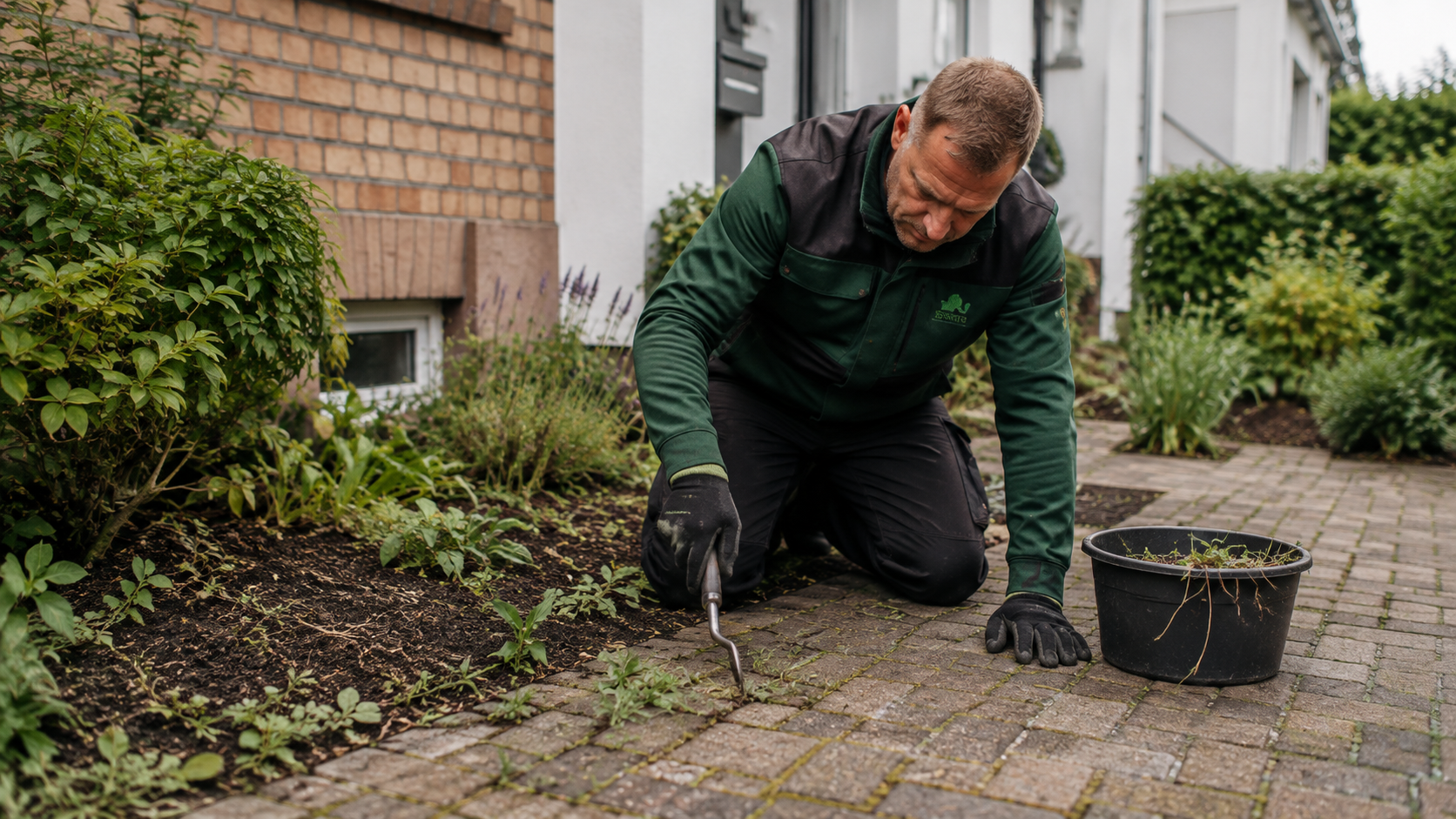 Unkrautentfernung in Beeten und Fugen im Rahmen der Gartenpflege