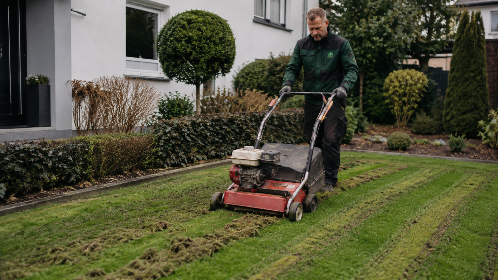 Vertikutieren einer Rasenfläche durch Gartenservice in Bochum