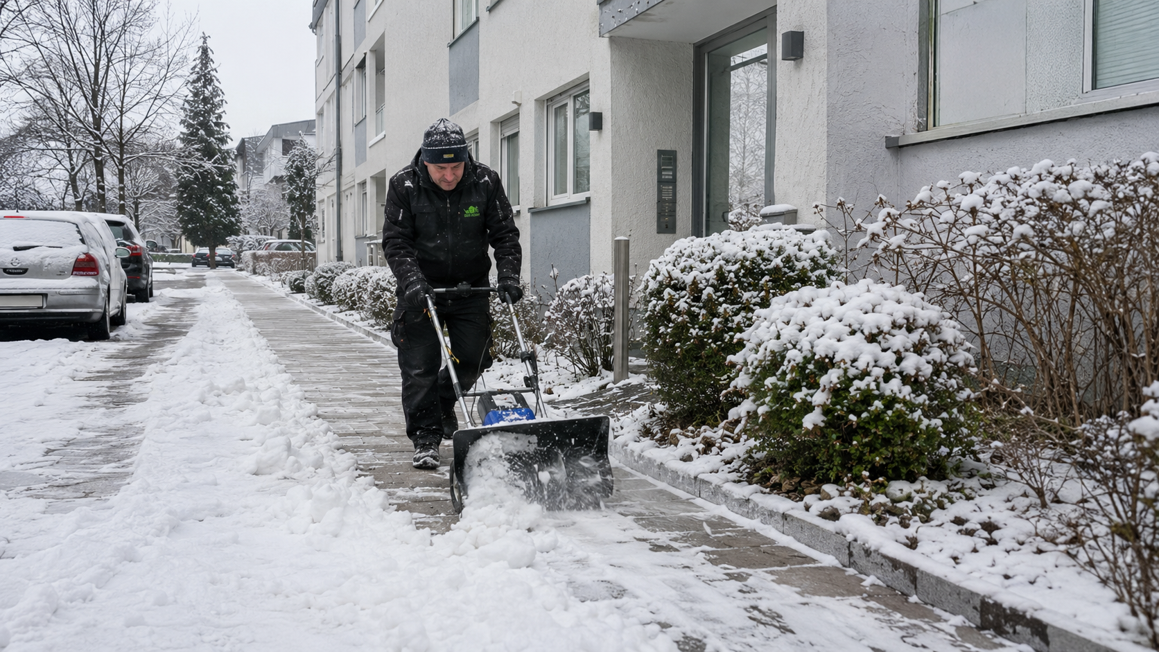 Schneeräumen auf einem Gehweg durch Service Haus und Garten in Bochum