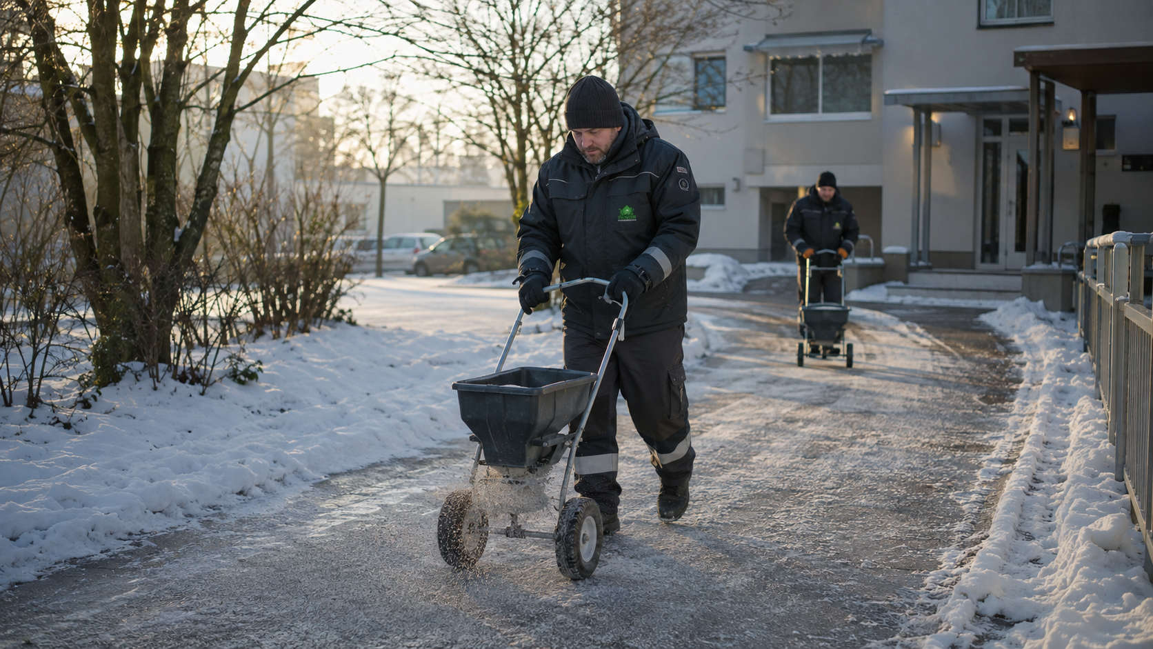 Streudienst und Glättebekämpfung auf einem winterlichen Gehweg in Bochum